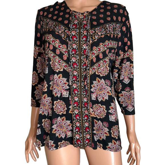 Chico's Parisian Medallion Lace-Up Top SZ 2 (LG) boho flowy 3/4 sleeve neck tie - Picture 2 of 10